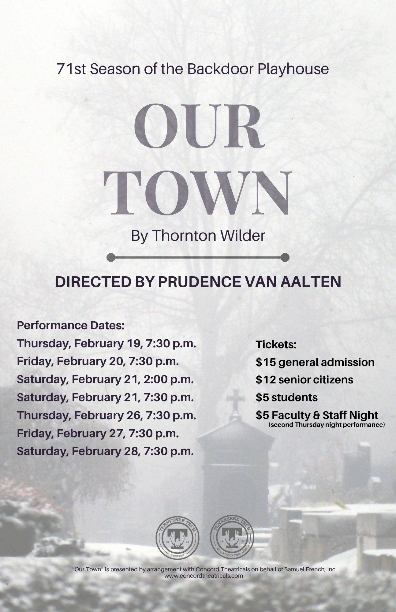 Our Town Poster Our Town poster, Directed by Prudence van Aalten, performance to be held February 2026