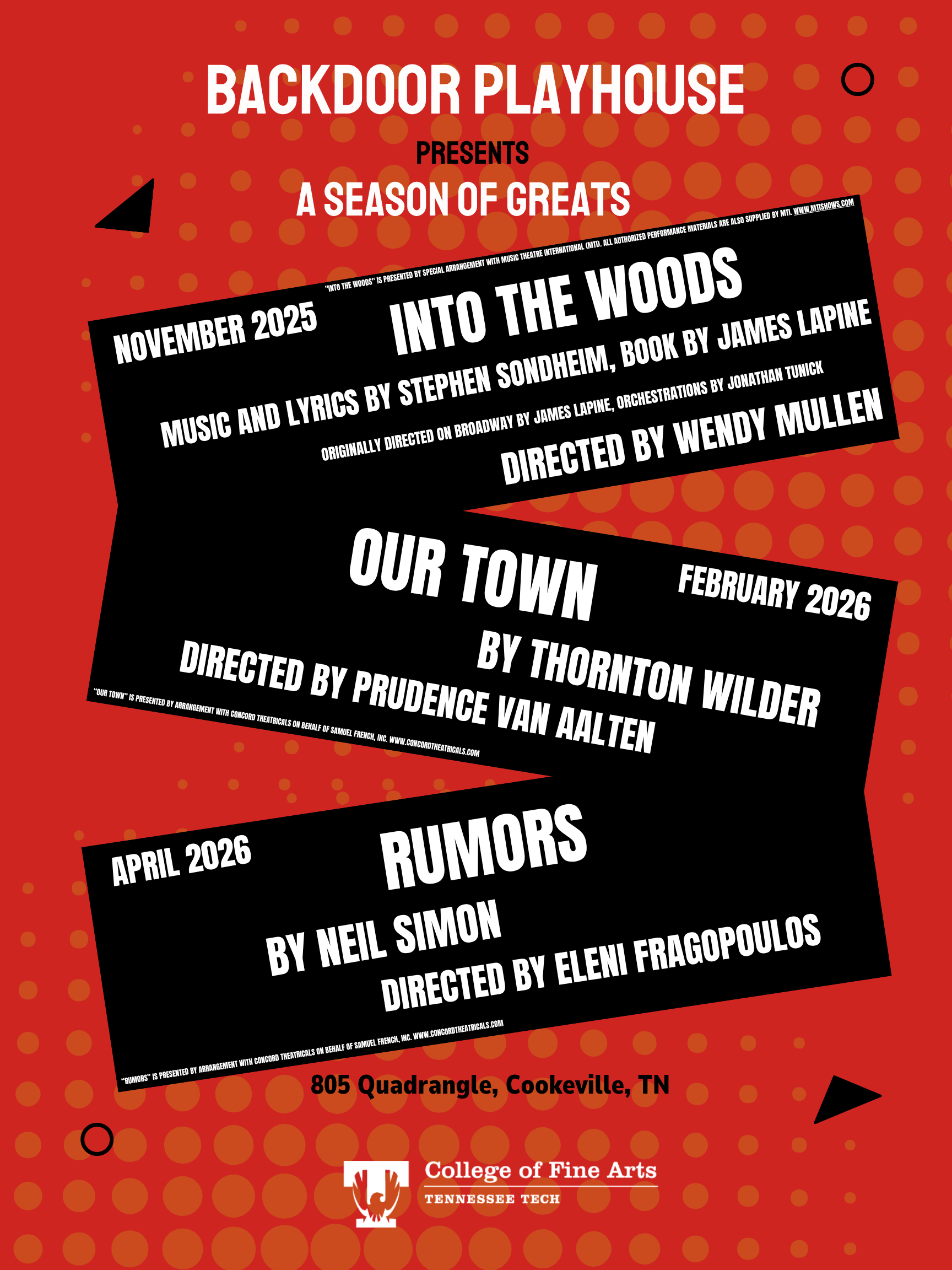 Theatre Season Poster Poster for the Tennessee Tech Theatre 2024–2025 season featuring upcoming productions: Into the Woods, Our Town, and Rumors