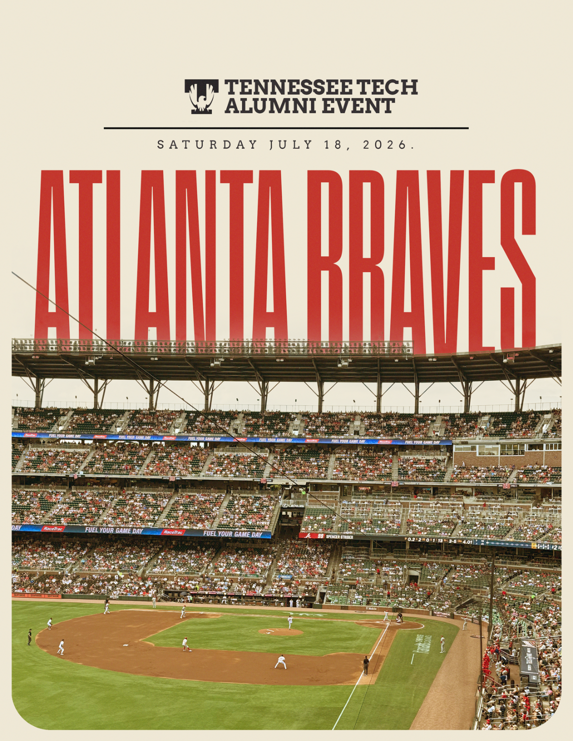 flyer advertising Atlanta Braves event with people playing baseball in the background