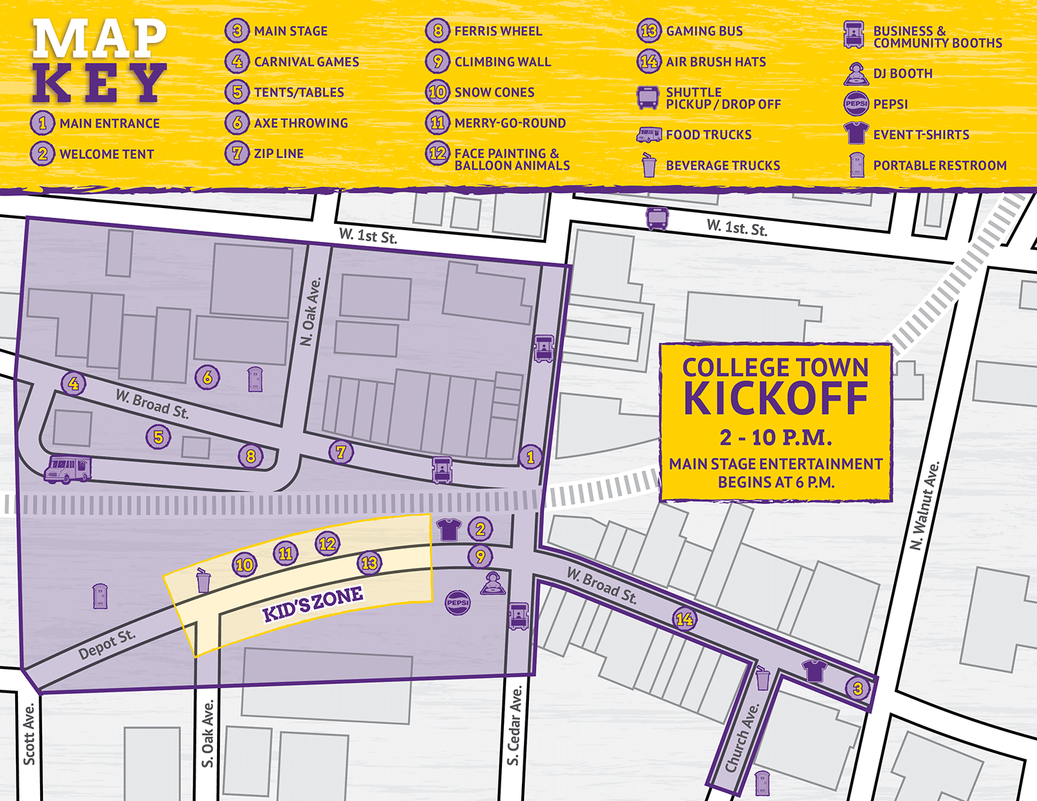 Illustrative map of College Town Kickoff.