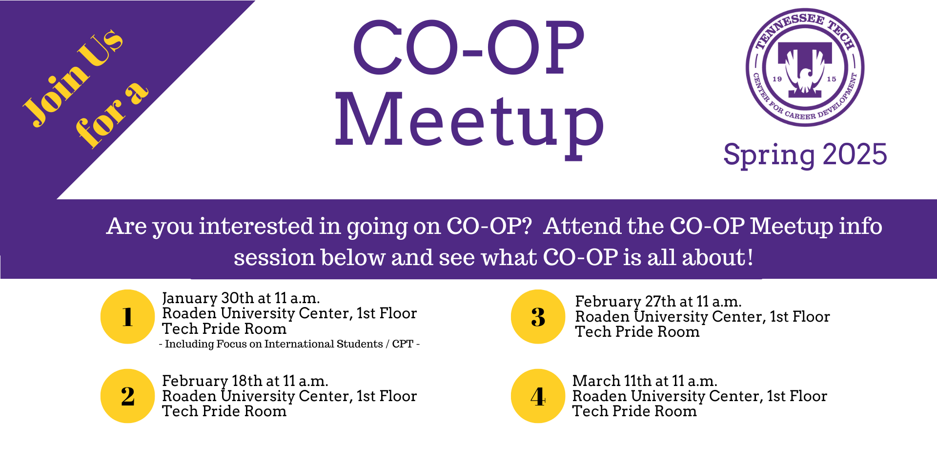 Spring 2025 Co-Op Meetups: Jan. 30, Feb. 18, Feb. 27, and March 11