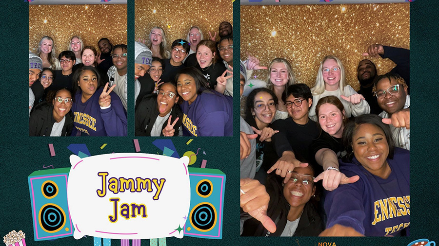 A collage of images of students giving Wings Up to the camera for Jammy Jam. 
