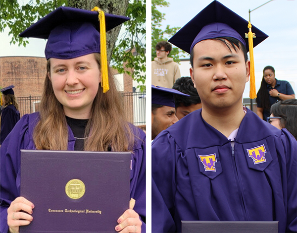 Computer science alumni Megan Hendrickson and Vincent Lin are pictured at graduation