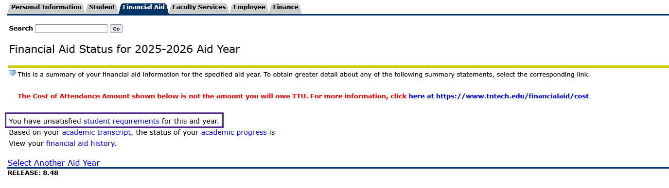 Financial Aid Status page