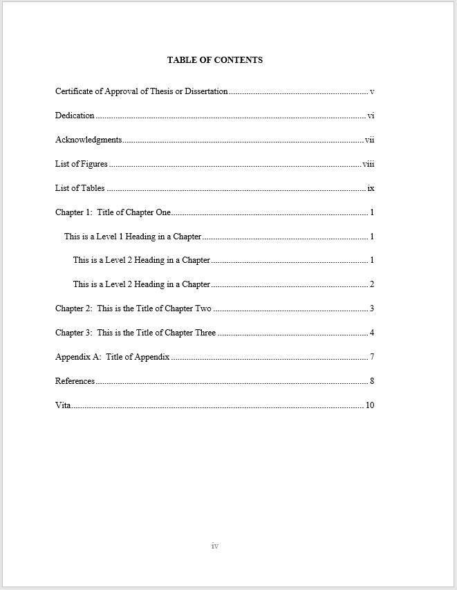 thesis table of contents sample