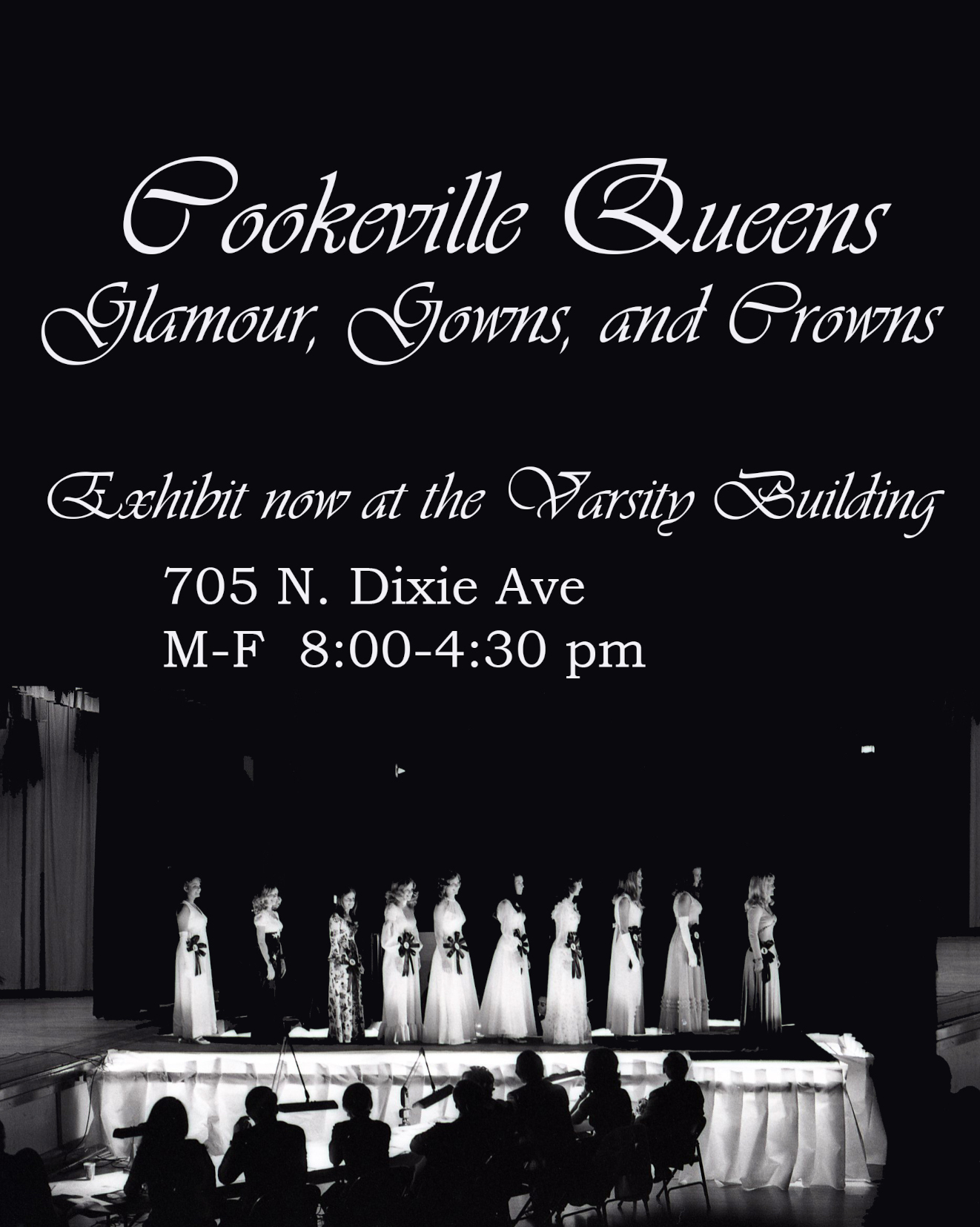 Pageant contestants lined up onstage in black and white