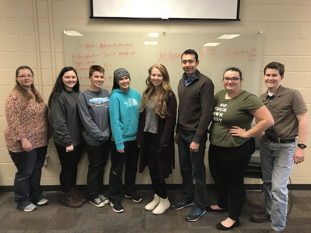 Pictured at the first meeting of the Scholars United for the Homeless, from left, are Jennifer Brown, Heather Bertram, secretary Ashley Muench, Mikayla Lovin, recruitment officer Amanda Smith, president Adam Nakamoto, supply drive coordinator Jensen Lyons-Sabados, and Jonathan Kelley. Officers not pictured are vice-president Jacob Walkup and treasurer Kellie McCreight.