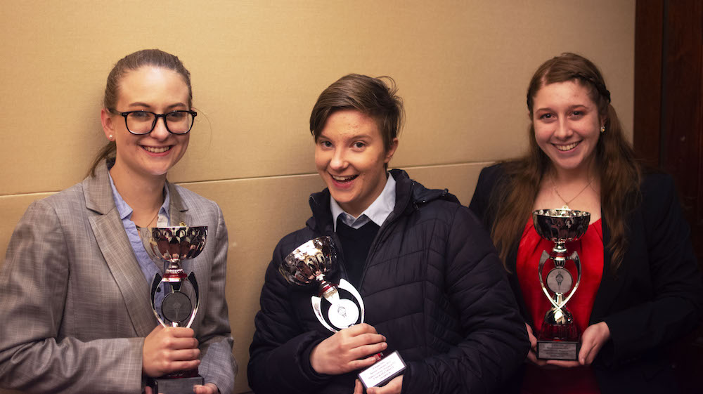 Showing off their trophies from the Pi Kappa Delta tournament held at Hofstra University, from left, are Tennessee Tech Speech and debate Team members Sarah Stansbury, Madison (Mik) Davis and Sistina Hammonds.