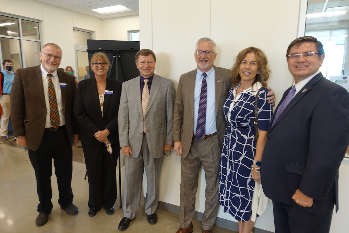 Attending the celebration in Lawrenceburg for the new Southern Tennessee Higher Education Center from Tennessee Tech are (from left) Steven Frye, director of the College of Interdisciplinary Studies; Tammy Keylon, recruitment advisement specialist, 2+2 programs; Mike Gotcher, dean of the College of Interdisciplinary Studies; Phil Oldham, president; Kari Oldham, first lady; Terry Saltsman, chief government affairs officer and legislative liaison.