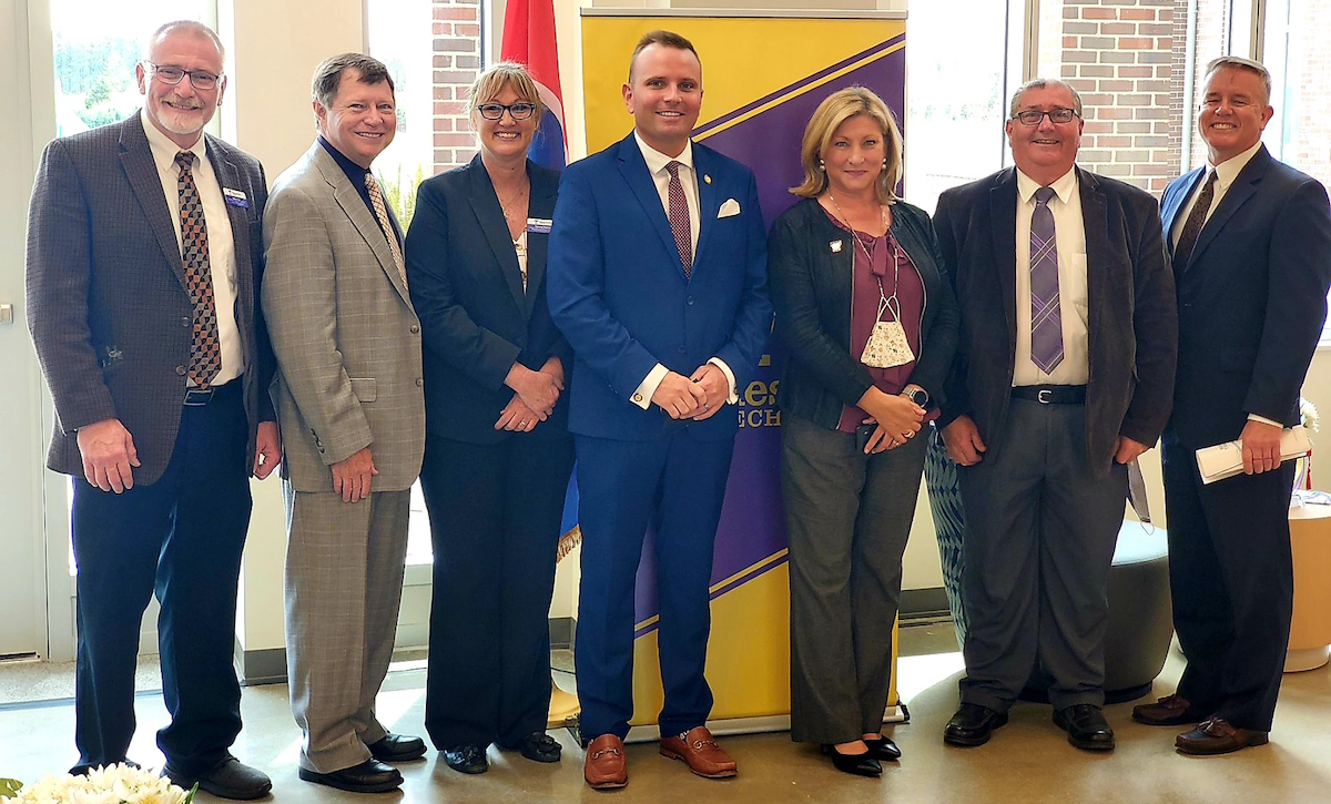 Attending the celebration in Lawrenceburg for the new Southern Tennessee Higher Education Center from Tennessee Tech are (from left) Steven Frye, director of the College of Interdisciplinary Studies; Mike Gotcher, dean of the College of Interdisciplinary Studies; Tammy Keylon, recruitment advisement specialist, 2+2 programs; Chris Jackson, Lawrenceburg site coordinator; Lori Bruce, provost; Bruce Green, director of the school of agriculture; and, William Campbell, ag faculty in Lawrenceburg.