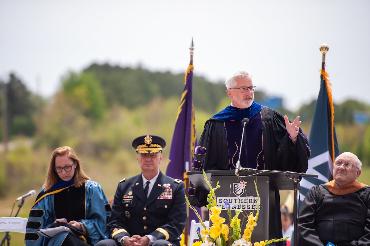 Tennessee Tech president Phil Oldham speaks during a celebration in Lawrenceburg for the new Southern Tennessee Higher Education Center.