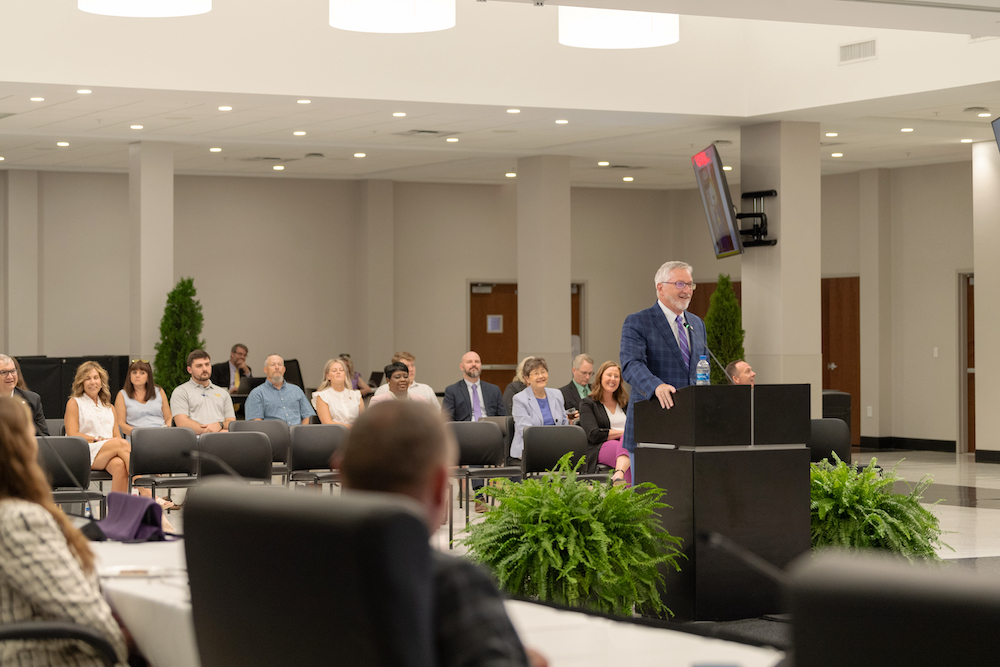 Tennessee Tech President Phil Oldham speaks to the university’s Board of Trustees at the Board’s June 2022 meeting.