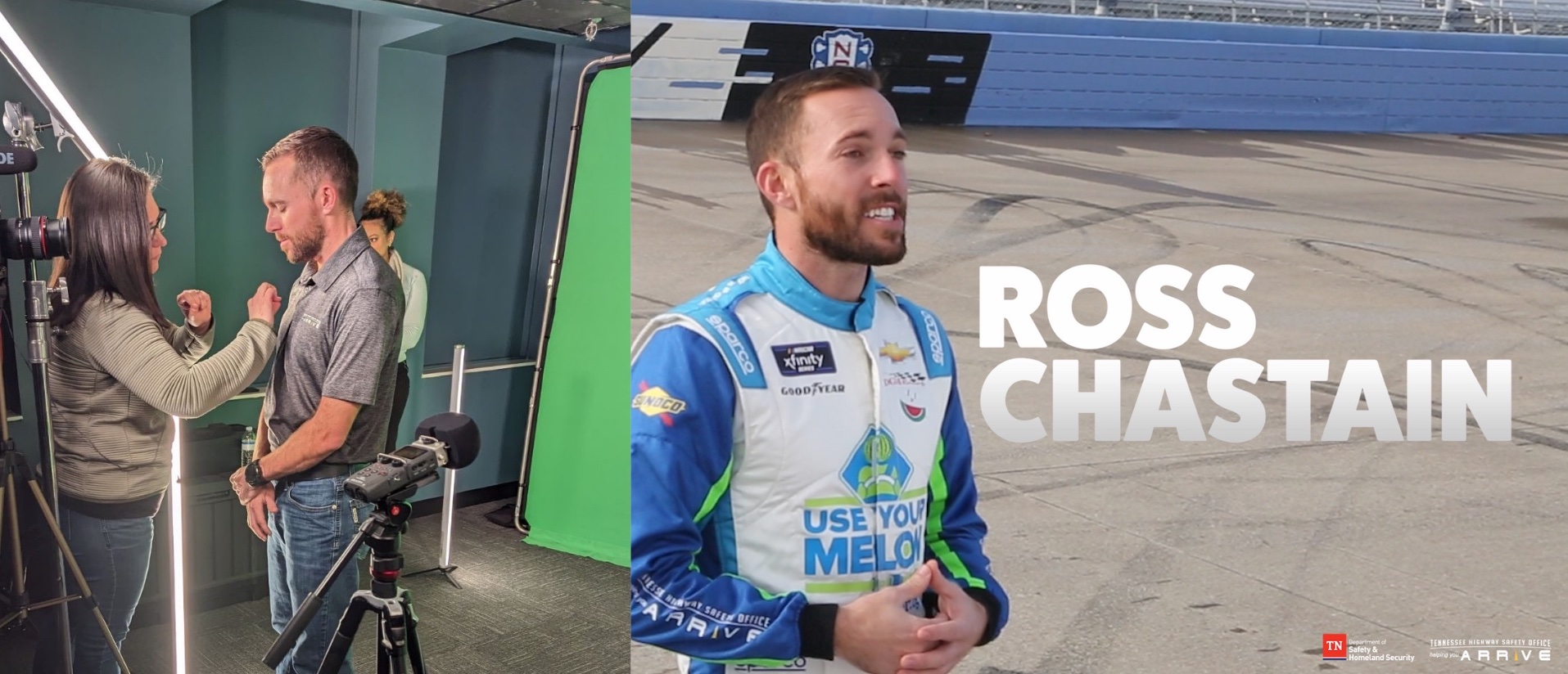 Left: Tennessee Tech iCube program manager Stephanie Scarborough helps prepare NASCAR driver Ross Chastain to film a PSA for the iCube-produced “Use Your Melon” sober driving campaign with the Tennessee Highway Safety Office. Right: A screengrab of a Tennessee Tech iCube-produced video PSA featuring NASCAR driver Ross Chastain. 