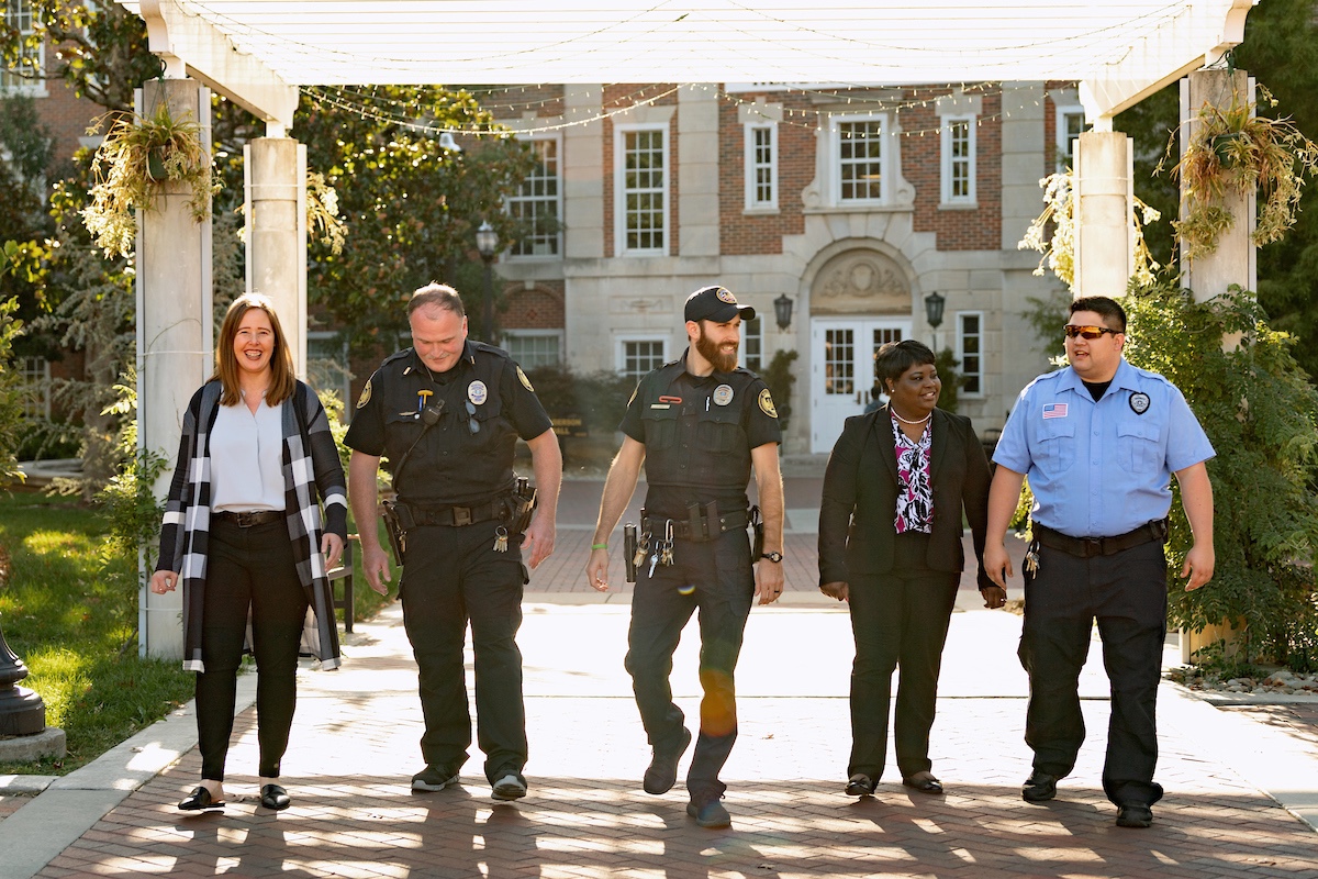 Tennessee Tech Vice President for Student Affairs Cynthia Polk Johnson (second from right) and Dean of Students and Assistant Vice President for Strategic Initiatives Katie Aikens (left) walk along Tech's Centennial Plaza with members of the University Police Department.