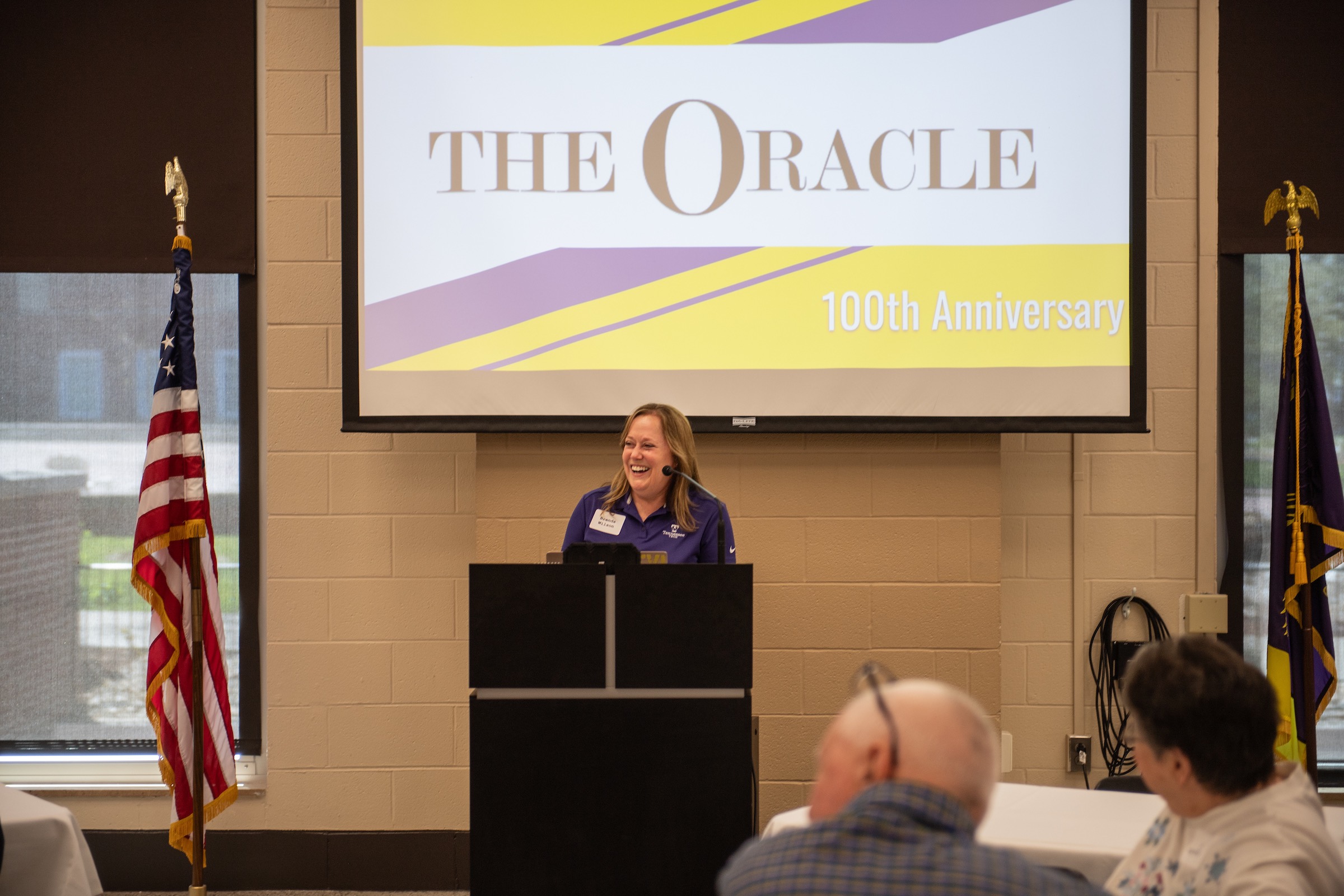 Tech professor, former Oracle faculty advisor, and former Oracle student writer Brenda Wilson emcees the university's reunion event honoring 100 years of The Oracle.