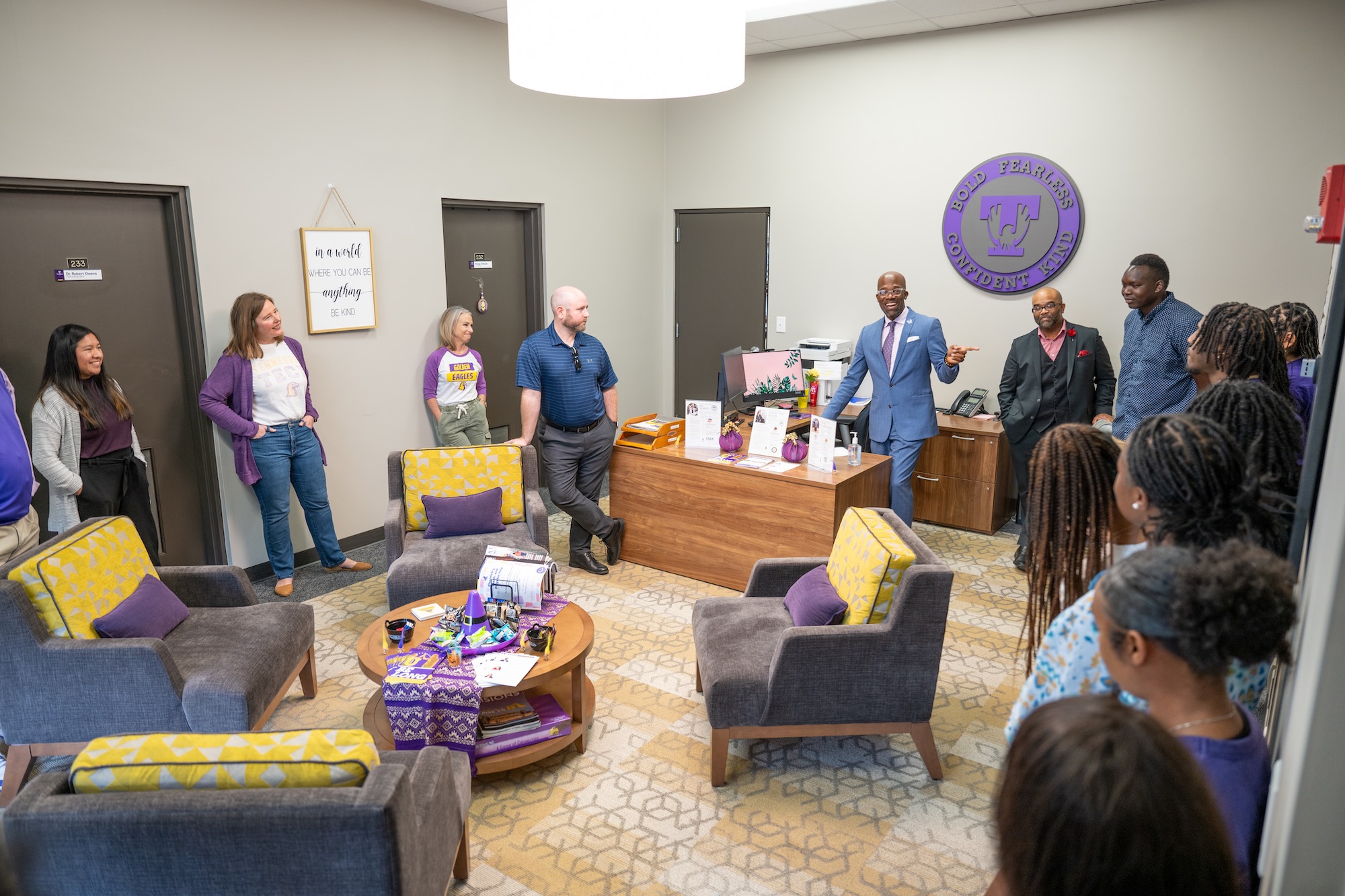 Robert Owens, senior executive for access and community outreach, speaks at the open house event for Tech’s new Office of Access, Belonging and Community Outreach while students, faculty and staff look on. Robert Owens, senior executive for access and community outreach, speaks at the open house event for Tech’s new Office of Access, Belonging and Community Outreach while students, faculty and staff look on.