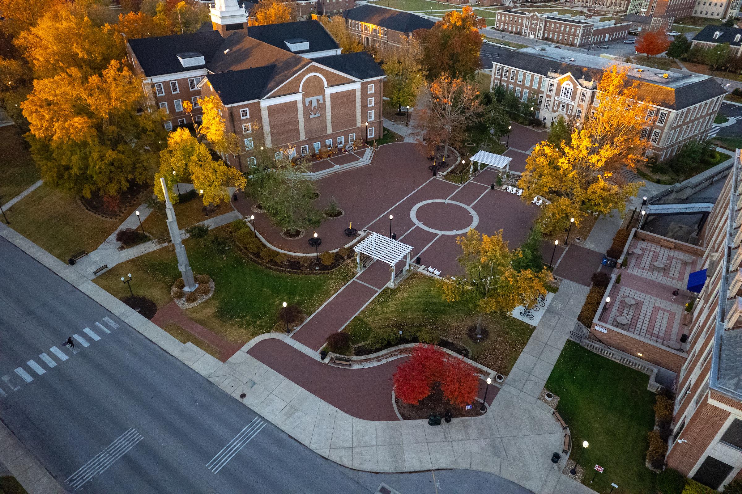 An aerial view of Centennial Plaza on Tech's campus.