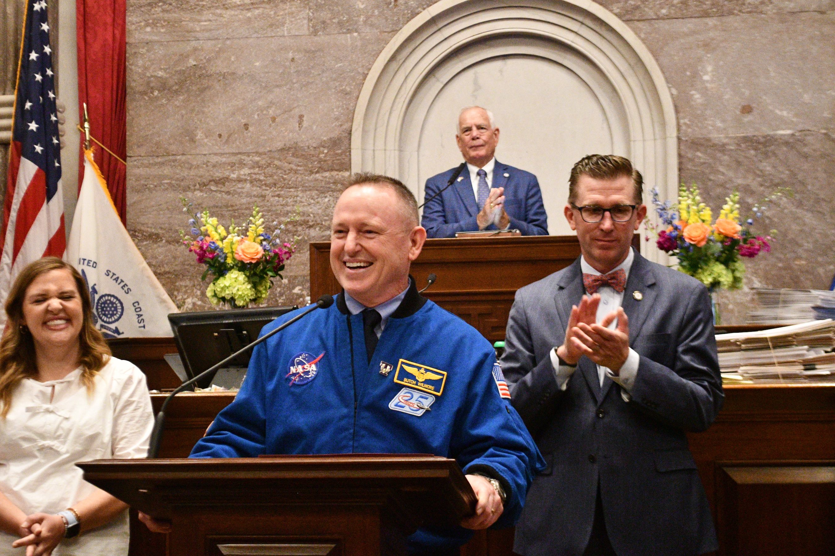Tennessee Tech alumnus and trustee Barry “Butch” Wilmore is honored on the floor of the Tennessee House of Representatives April 16, 2025, as State Rep. Ryan Williams (right) looks on. Photo courtesy of Grace Gilmore. Tennessee Tech alumnus and trustee Barry “Butch” Wilmore is honored on the floor of the Tennessee House of Representatives April 16, 2025, as State Rep. Ryan Williams (right) looks on. Photo courtesy of Grace Gilmore.