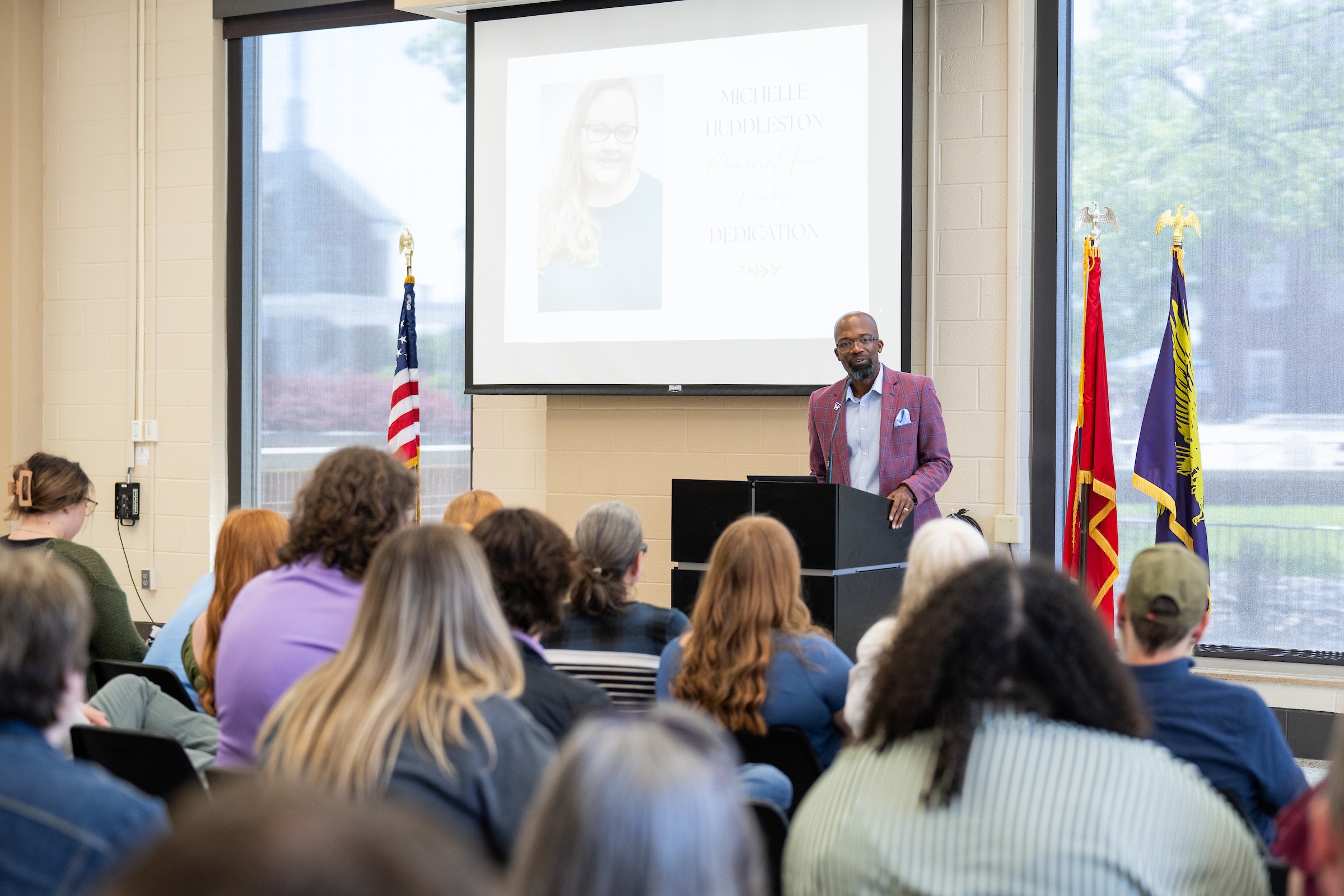 Robert Owens, Tennessee Tech’s senior executive for access, belonging and community outreach, emceed the Michelle Huddleston Memorial Food Pantry’s April 15 dedication ceremony and shared a personal story of his friendship with Huddleston. Robert Owens, Tennessee Tech’s senior executive for access, belonging and community outreach, emceed the Michelle Huddleston Memorial Food Pantry’s April 15 dedication ceremony and shared a personal story of his friendship with Huddleston.