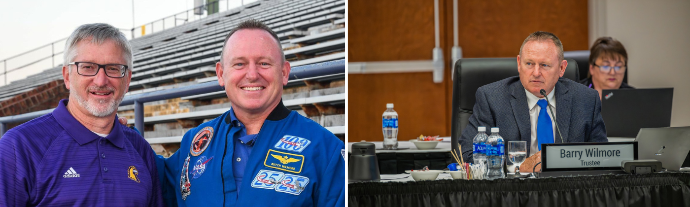 Left: Tech President Phil Oldham is pictured with Barry Wilmore at the university’s 2017 solar eclipse viewing party. Right: Barry Wilmore listens to a presentation at the university’s September 5, 2023 Board of Trustees meeting. Left: Tech President Phil Oldham is pictured with Barry Wilmore at the university’s 2017 solar eclipse viewing party. Right: Barry Wilmore listens to a presentation at the university’s September 5, 2023 Board of Trustees meeting.