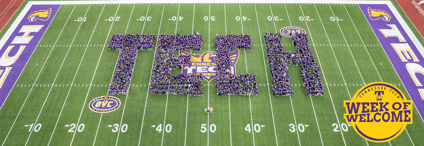 Image of Freshman Class Photo that spells out T-E-C-H with the Week of Welcome logo