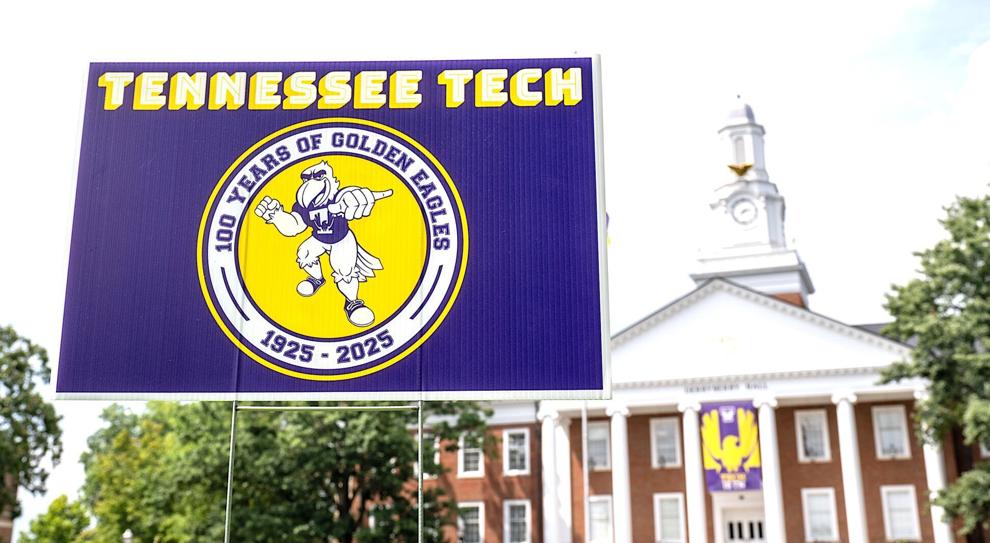 A Tech yard sign in front of Derryberry Hall